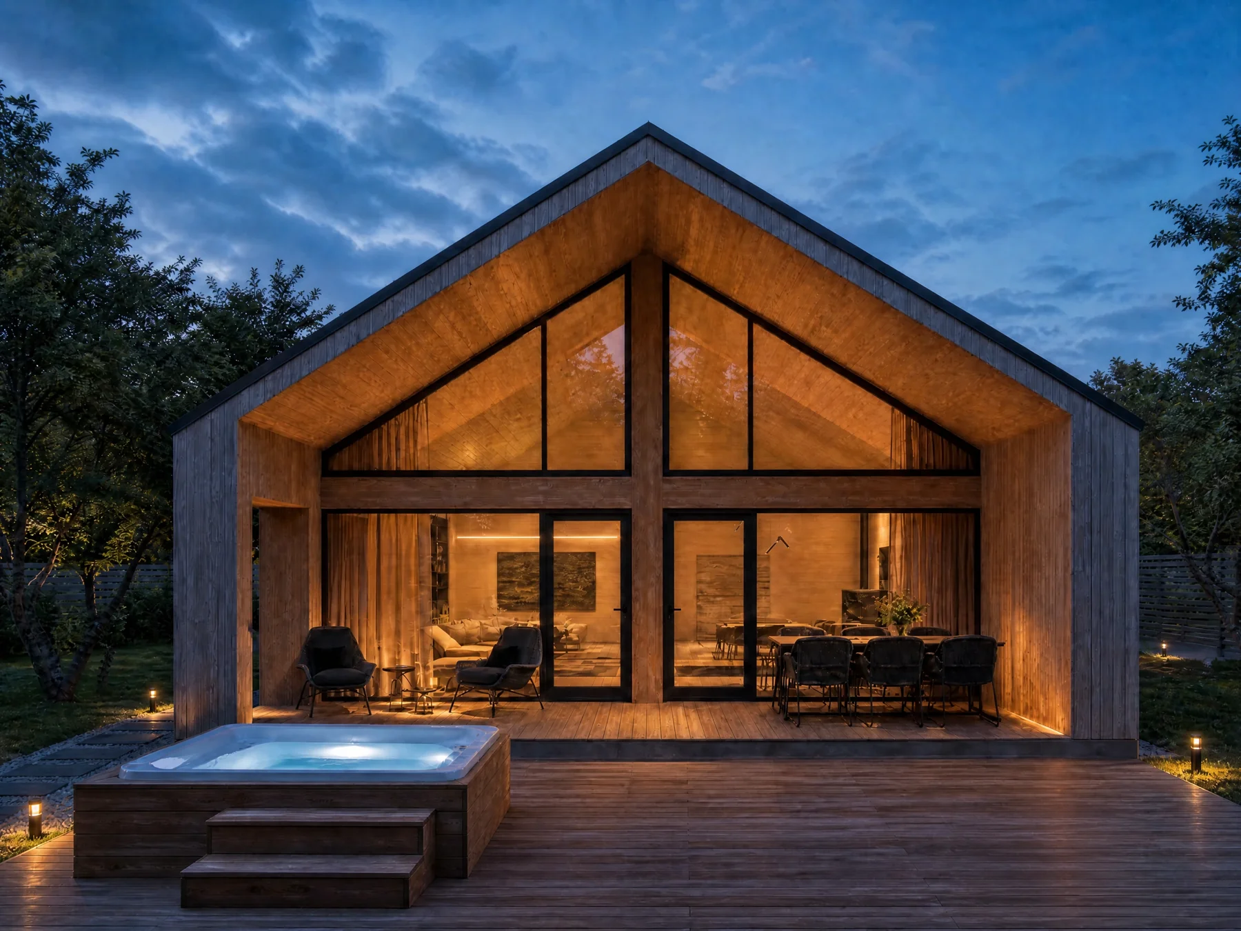Projektvisualisierung des Grand Chalets am Abend