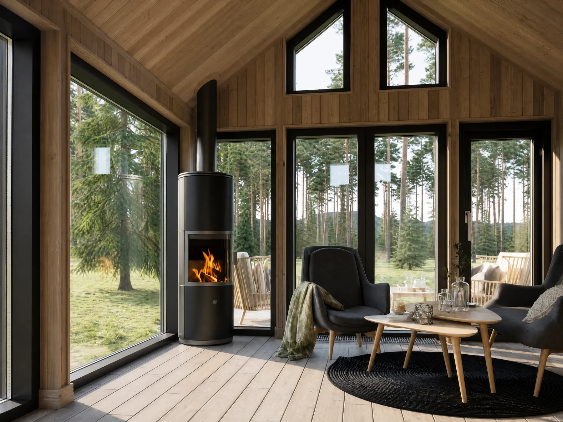 Projektvisualisierung des Wohnbereichs mit Kamin